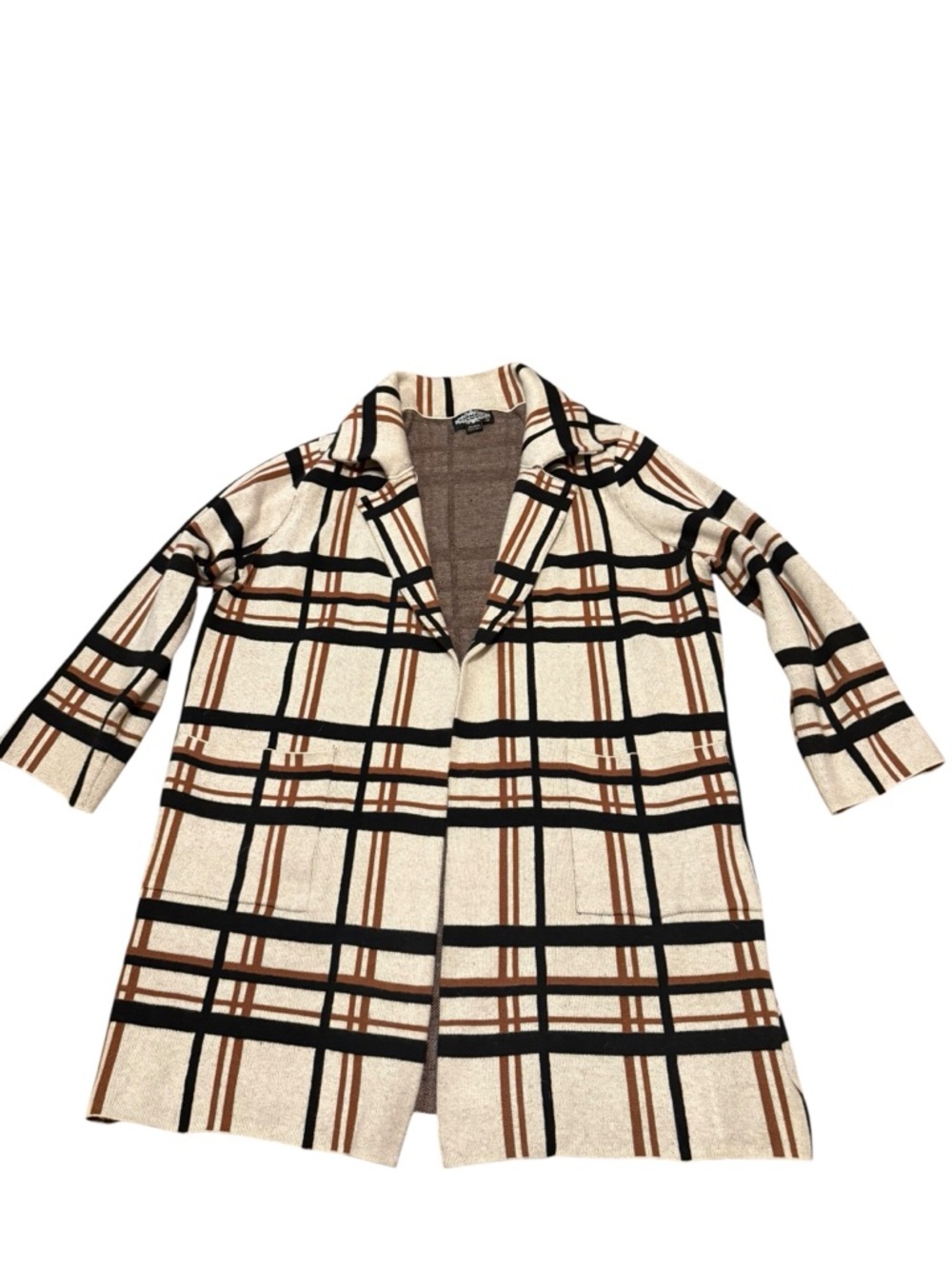 Oliver O Plaid Open-Front Coat in Cream & Brown Women’s 1X - Picture 3 of 7